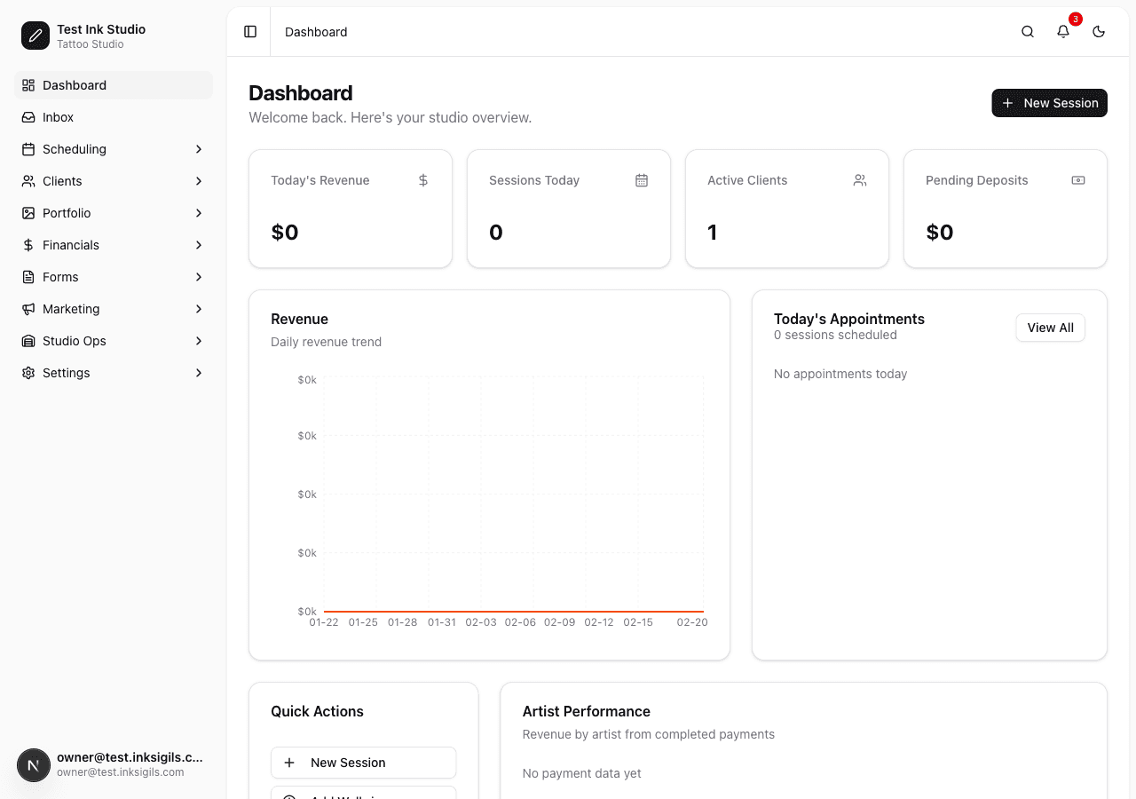 InkSigils Studio Dashboard — revenue tracking, appointments, and artist performance