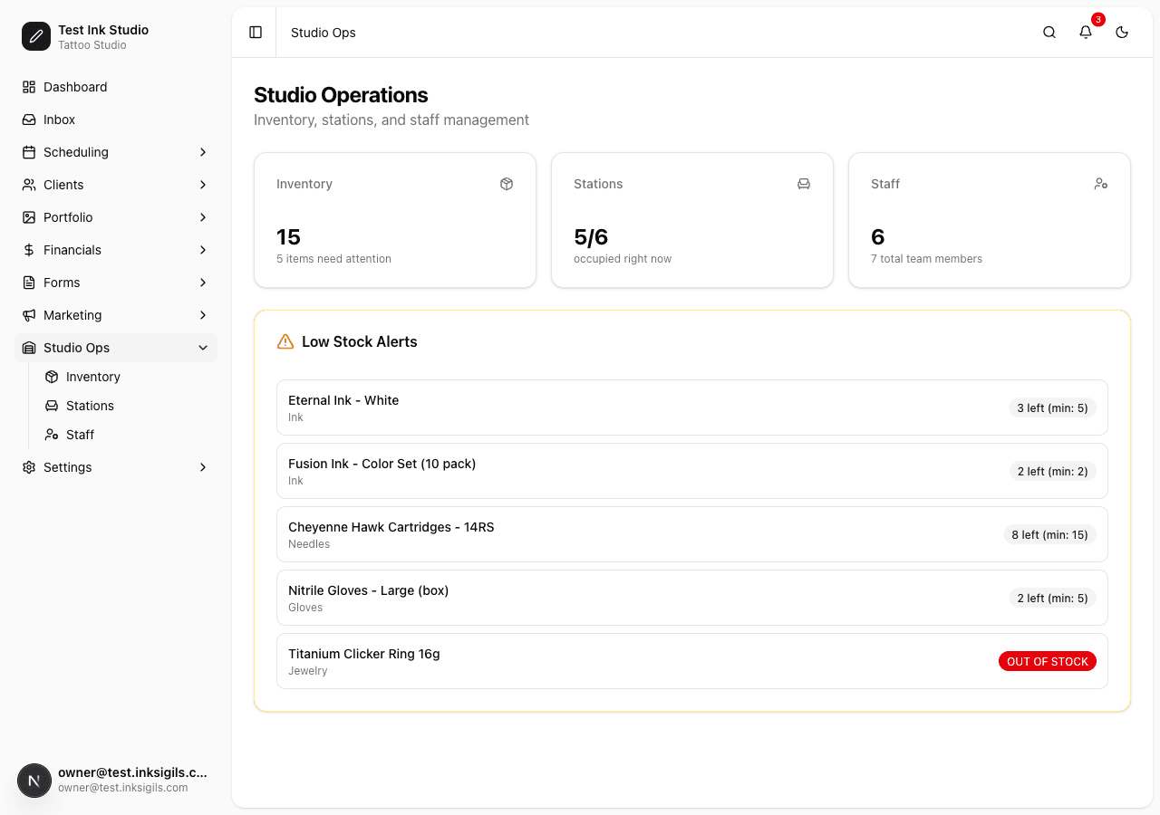 Studio Operations — inventory tracking with low-stock alerts